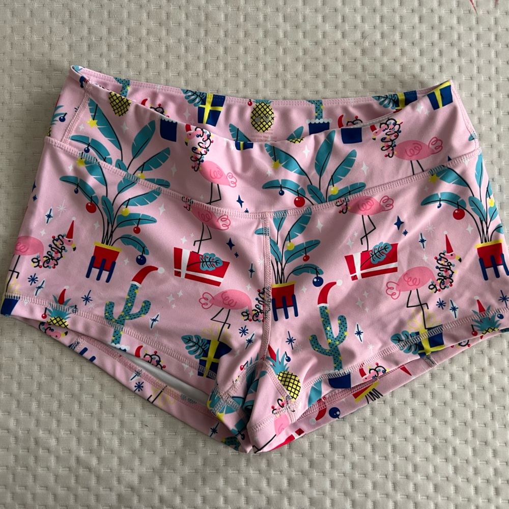 KFT pink flamingo Christmas booty shorts, size large